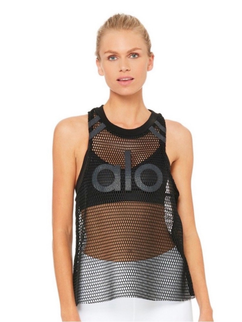 ALO Yoga Jersey Black Mesh Tank with Grey Logo